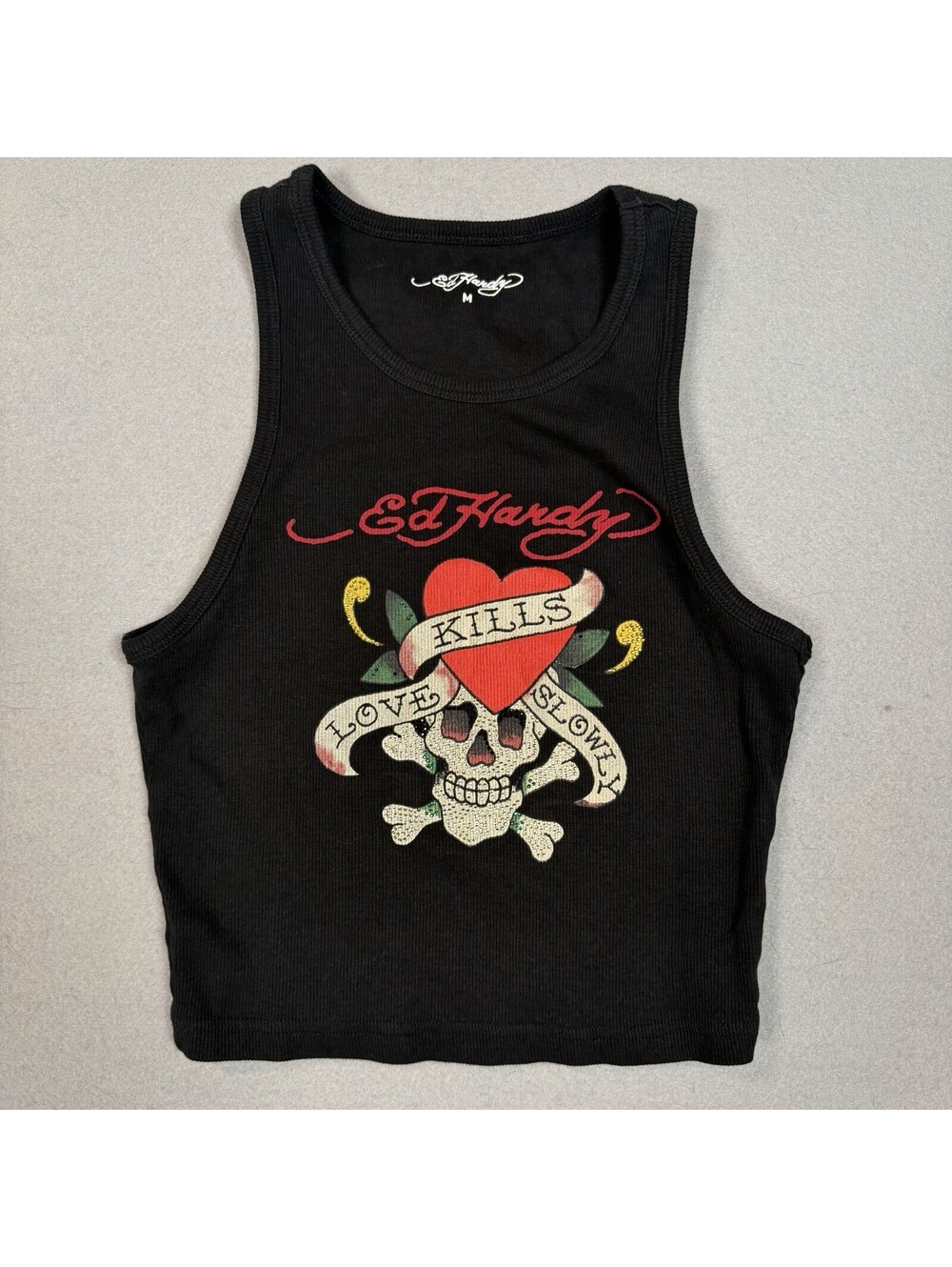 Y2K Style Ed Hardy Ribbed Cropped Tank Top Love Kills Slowly Medium Black